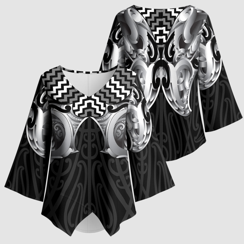 Aotearoa Kowhaiwhai Poutama Black Motif Kimono Sleeve Blouse