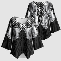 Aotearoa Kowhaiwhai Poutama Black Motif Kimono Sleeve Blouse