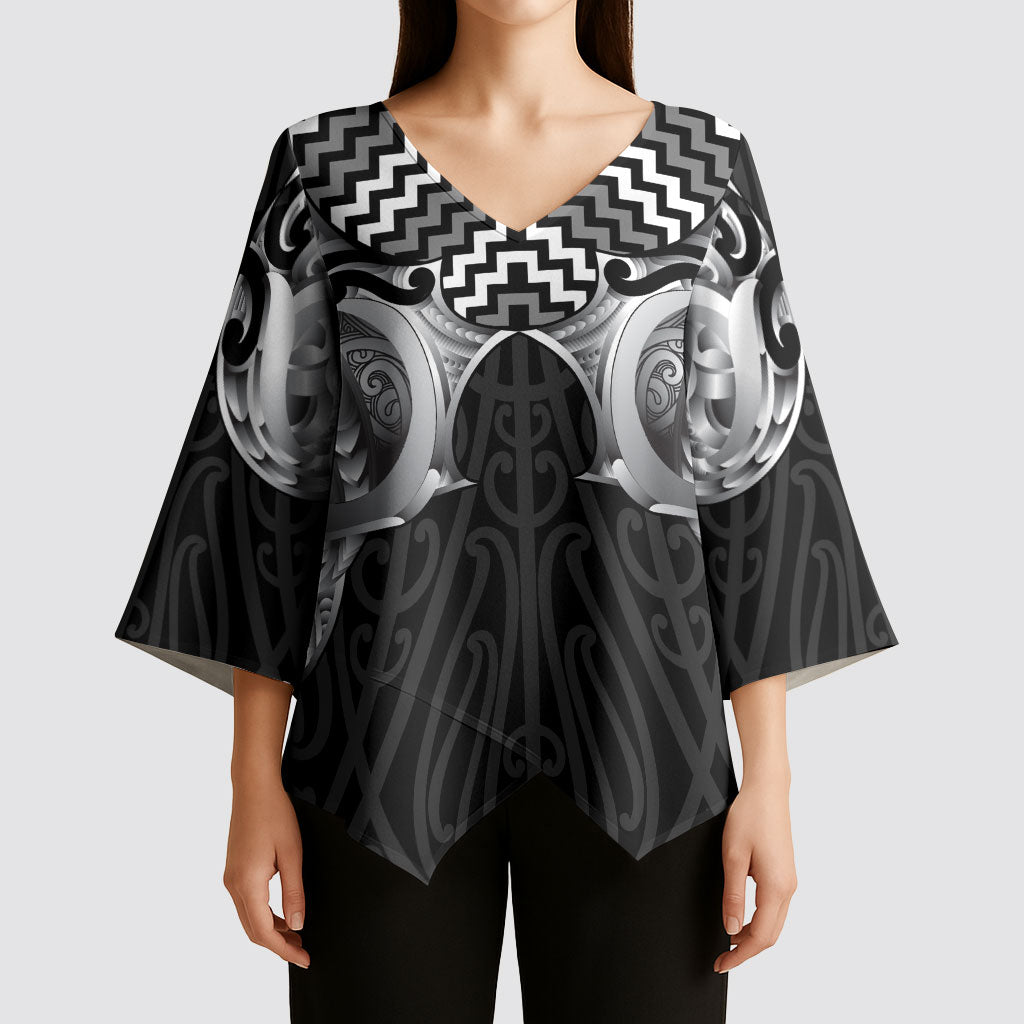 Aotearoa Kowhaiwhai Poutama Black Motif Kimono Sleeve Blouse