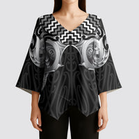 Aotearoa Kowhaiwhai Poutama Black Motif Kimono Sleeve Blouse