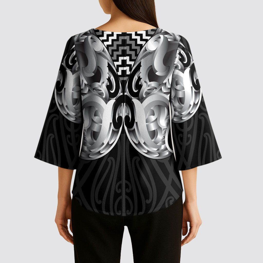 Aotearoa Kowhaiwhai Poutama Black Motif Kimono Sleeve Blouse