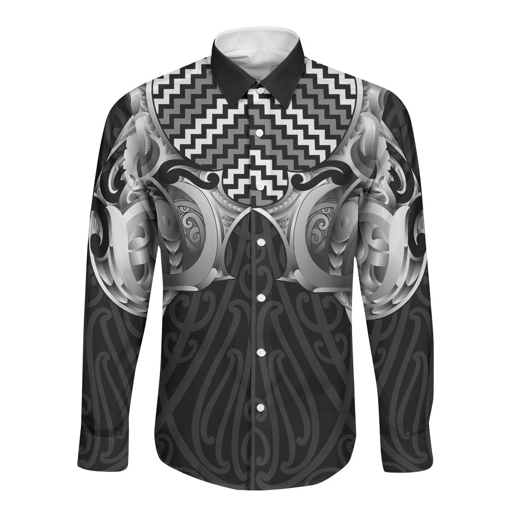 Aotearoa Kowhaiwhai Poutama Black Motif Long Sleeve Button Shirt LT9 Unisex Black - Polynesian Pride
