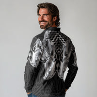 Aotearoa Kowhaiwhai Poutama Black Motif Long Sleeve Polo Shirt LT9 - Polynesian Pride