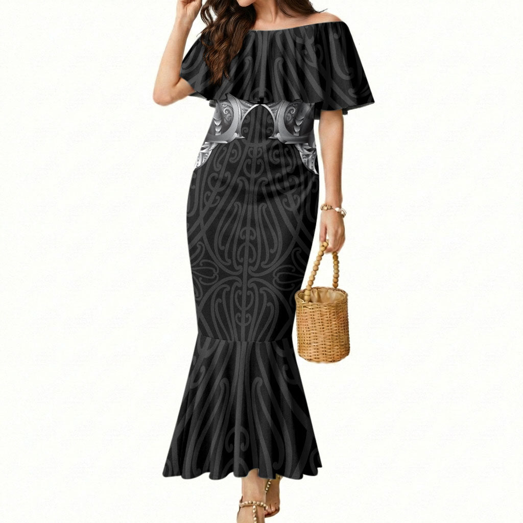 Aotearoa Kowhaiwhai Poutama Black Motif Mermaid Dress LT9 Women Black - Polynesian Pride