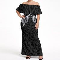 Aotearoa Kowhaiwhai Poutama Black Motif Off Shoulder Maxi Dress
