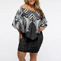 Aotearoa Kowhaiwhai Poutama Black Motif Off Shoulder Short Dress LT9 Women Black - Polynesian Pride