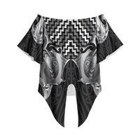 Aotearoa Kowhaiwhai Poutama Black Motif Off Shoulder Wrap Waist Top LT9 - Polynesian Pride