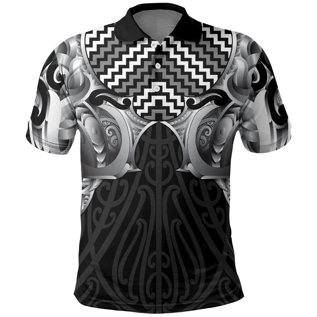 Aotearoa Kowhaiwhai Poutama Black Motif Polo Shirt LT9 Black - Polynesian Pride