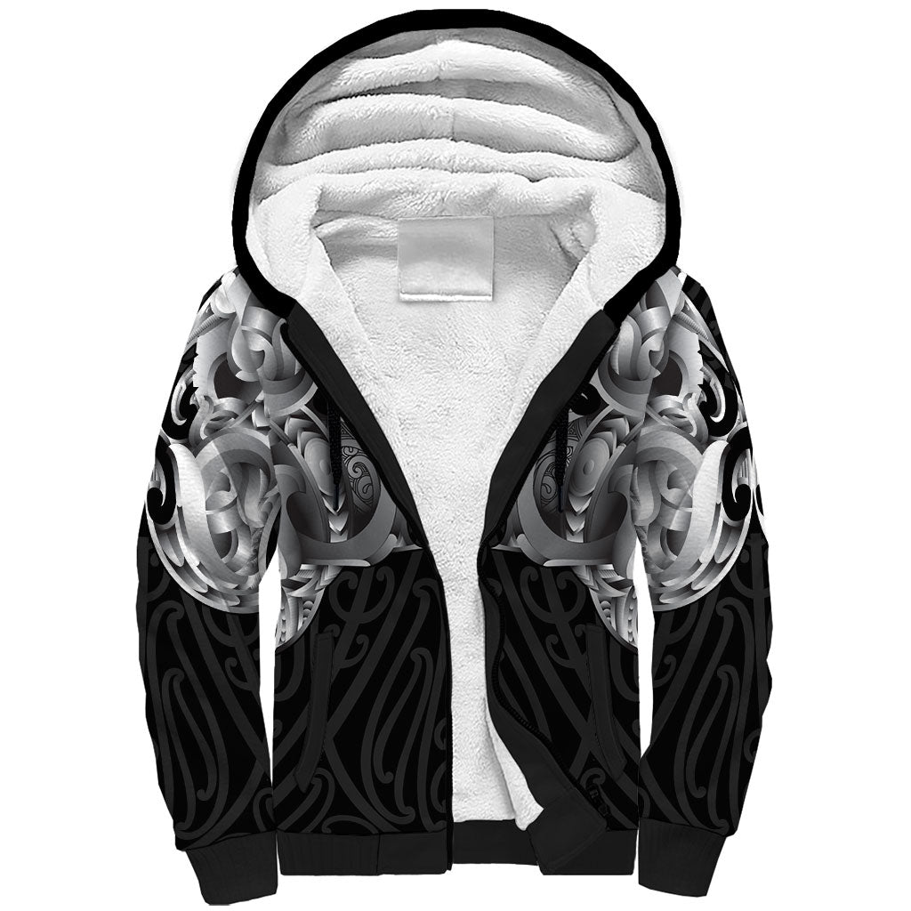 Aotearoa Kowhaiwhai Poutama Black Motif Sherpa Hoodie LT9 Unisex Black - Polynesian Pride