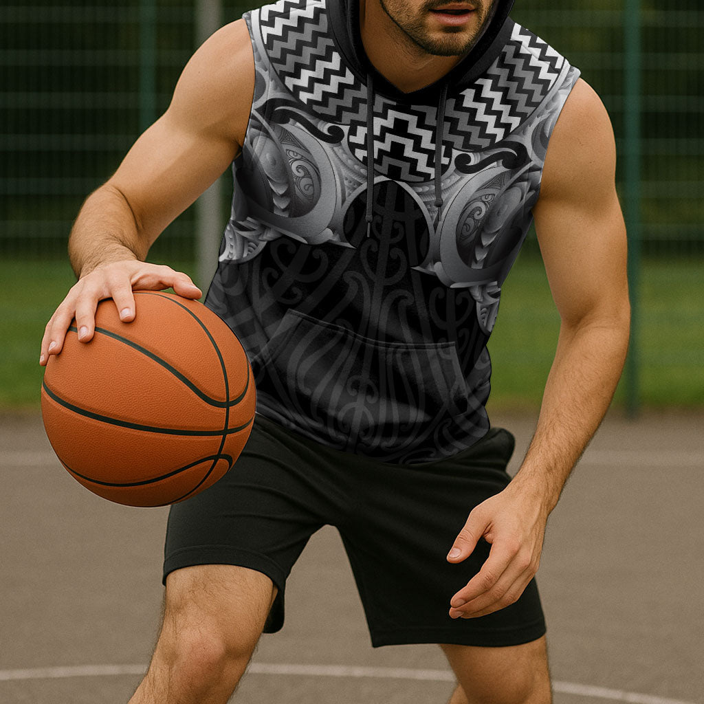 Aotearoa Kowhaiwhai Poutama Black Motif Sleeveless Hoodie LT9 - Polynesian Pride
