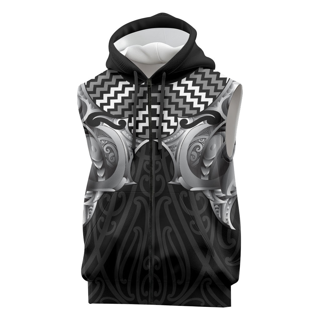 Aotearoa Kowhaiwhai Poutama Black Motif Sleeveless Zip Hoodie LT9 Black - Polynesian Pride