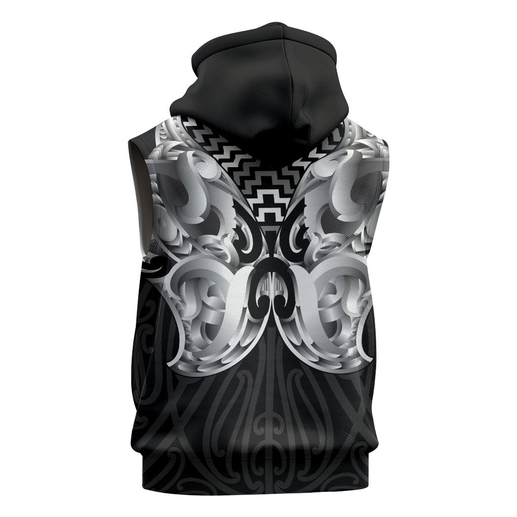 Aotearoa Kowhaiwhai Poutama Black Motif Sleeveless Zip Hoodie LT9 - Polynesian Pride