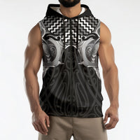 Aotearoa Kowhaiwhai Poutama Black Motif Sleeveless Zip Hoodie LT9 - Polynesian Pride