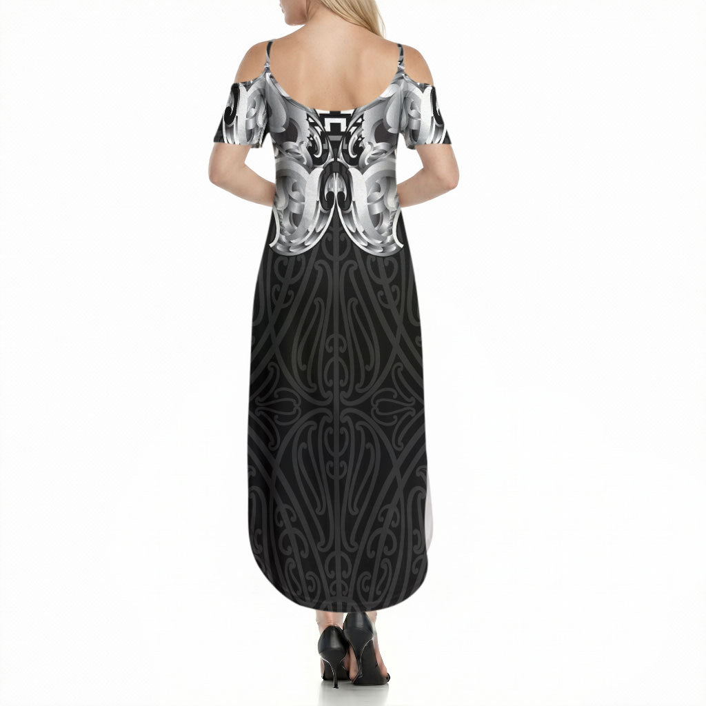 Aotearoa Kowhaiwhai Poutama Black Motif Summer Maxi Dress