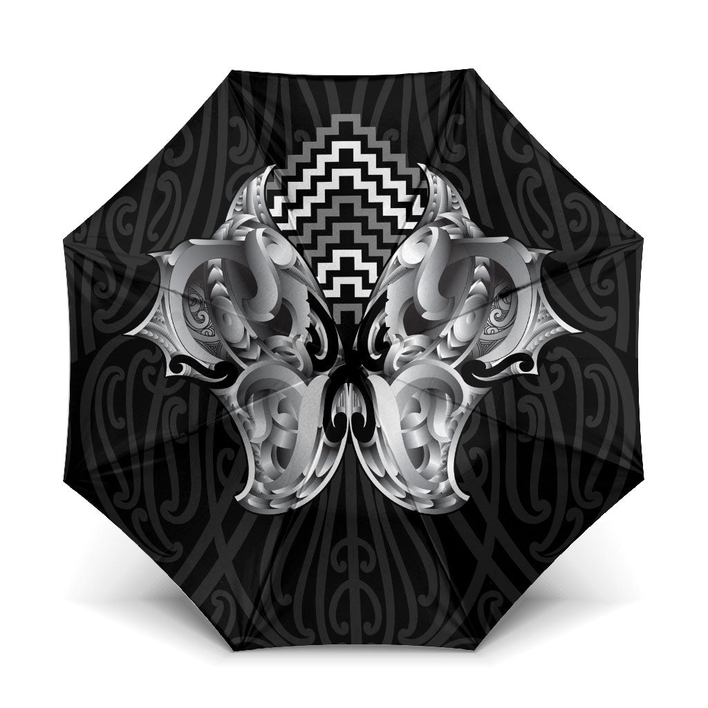Aotearoa Kowhaiwhai Poutama Black Motif Umbrella LT9 One Size Folded 11.42 inch Opened Diameter 37.4 inch Black - Polynesian Pride