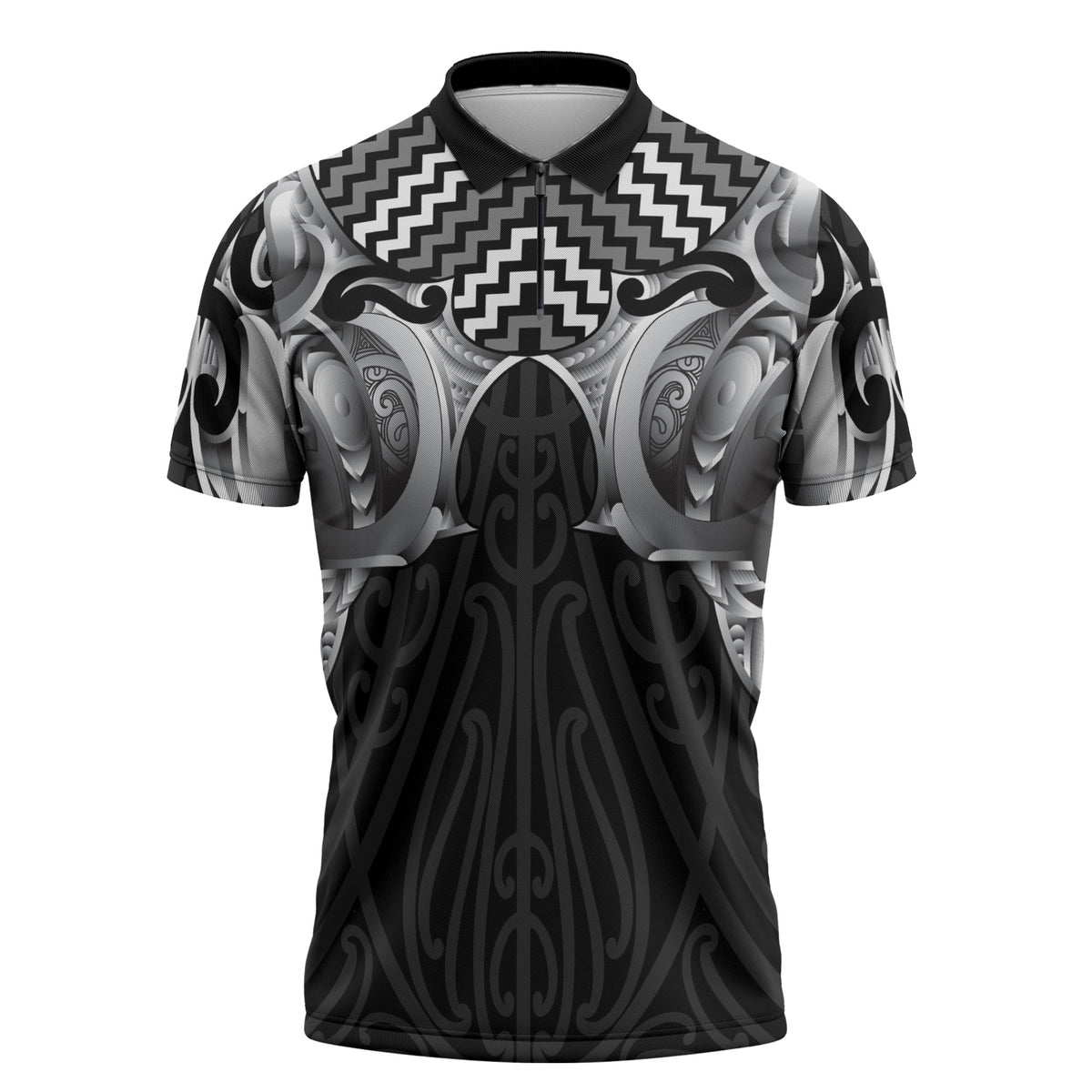 Aotearoa Kowhaiwhai Poutama Black Motif Zipper Polo Shirt LT9 Black - Polynesian Pride