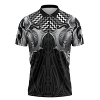 Aotearoa Kowhaiwhai Poutama Black Motif Zipper Polo Shirt LT9 Black - Polynesian Pride