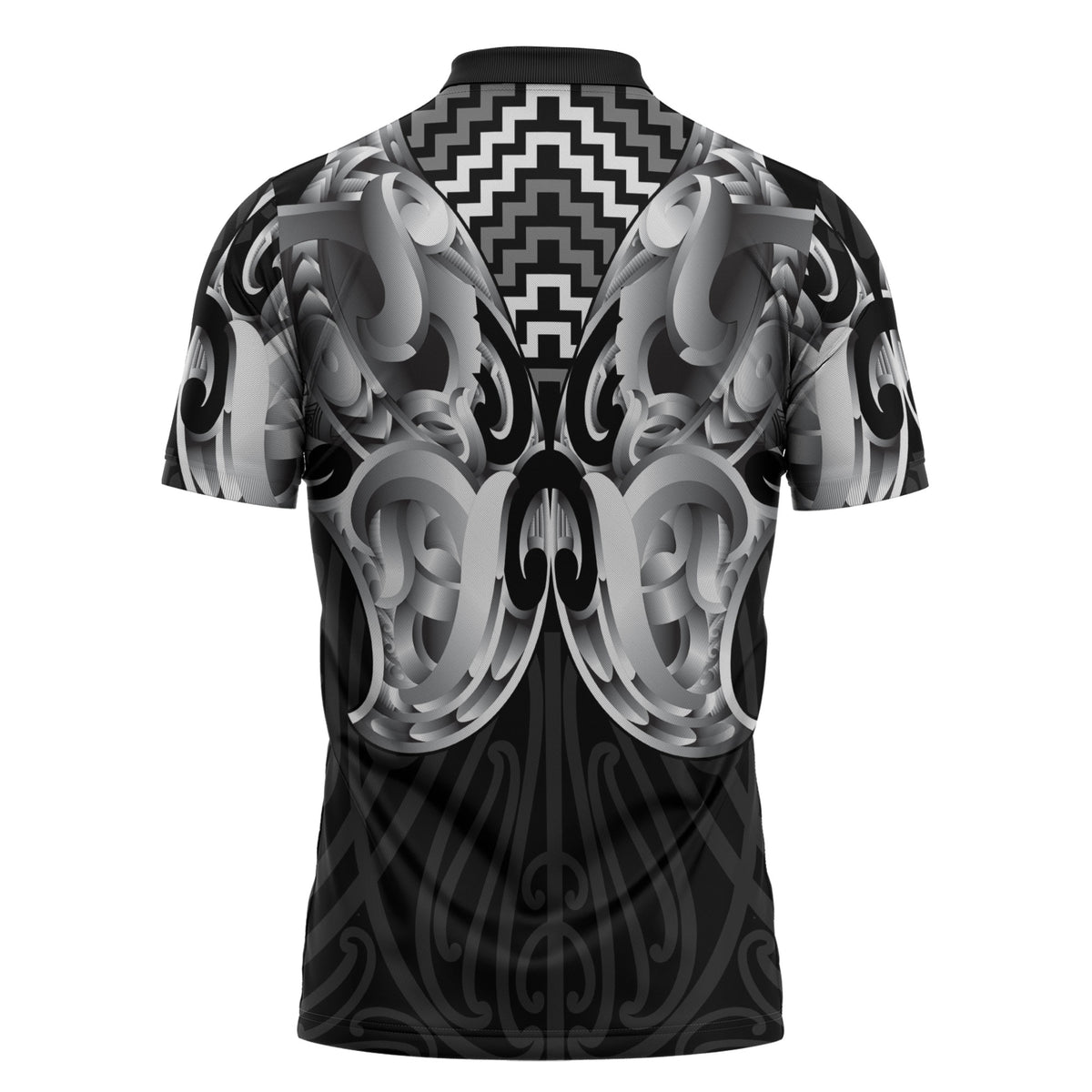 Aotearoa Kowhaiwhai Poutama Black Motif Zipper Polo Shirt LT9 - Polynesian Pride