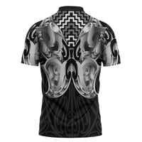 Aotearoa Kowhaiwhai Poutama Black Motif Zipper Polo Shirt LT9 - Polynesian Pride
