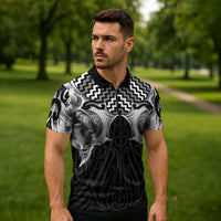 Aotearoa Kowhaiwhai Poutama Black Motif Zipper Polo Shirt LT9 - Polynesian Pride