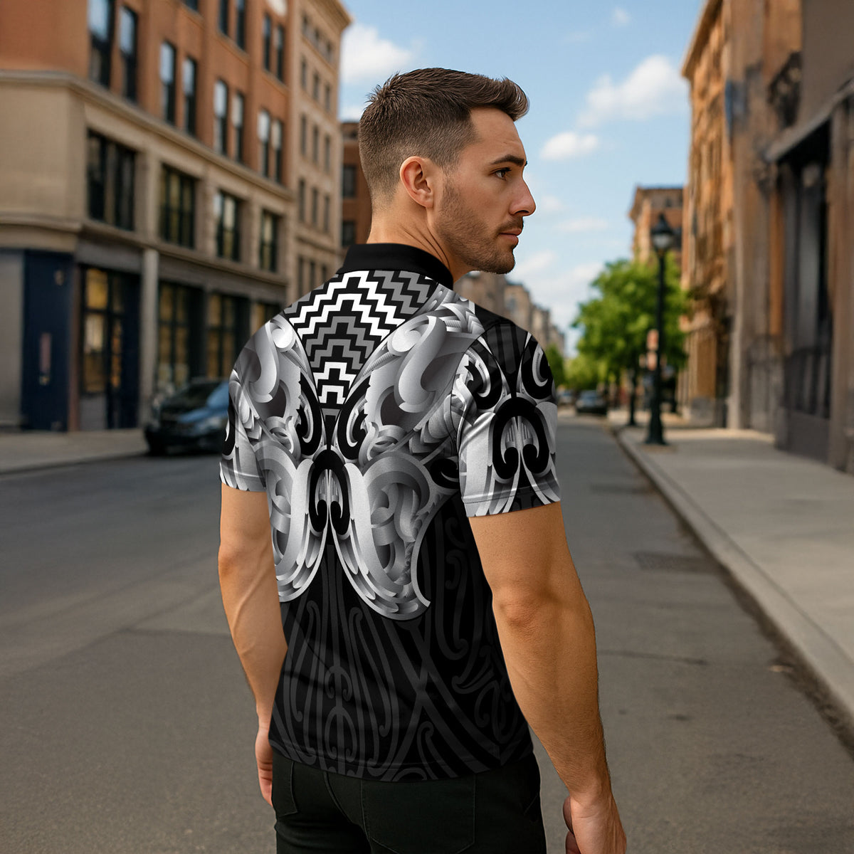 Aotearoa Kowhaiwhai Poutama Black Motif Zipper Polo Shirt LT9 - Polynesian Pride