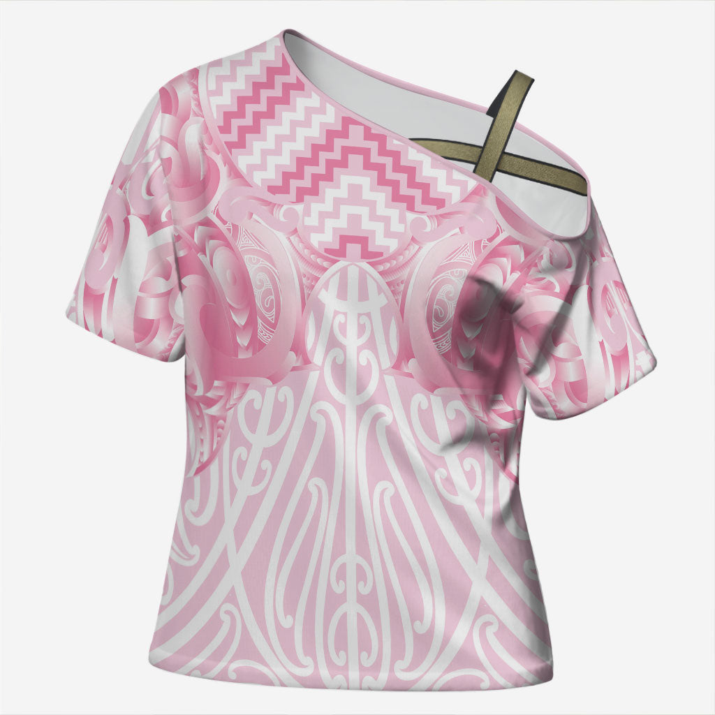 Aotearoa Kowhaiwhai Poutama Pink Motif Cross Shoulder Shirt LT9 Female Pink - Polynesian Pride