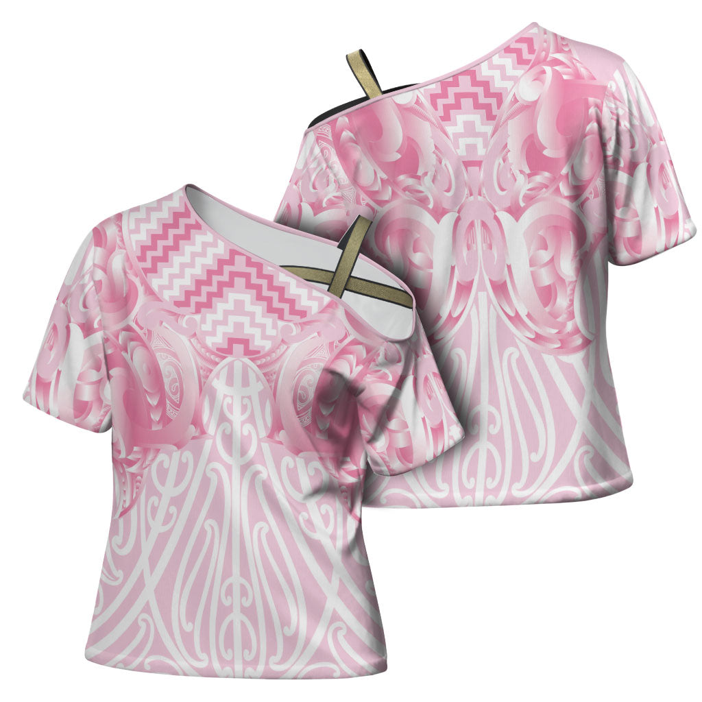 Aotearoa Kowhaiwhai Poutama Pink Motif Cross Shoulder Shirt LT9 - Polynesian Pride