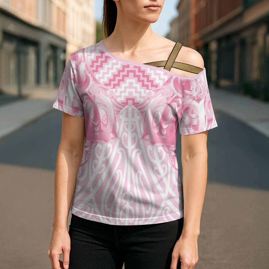 Aotearoa Kowhaiwhai Poutama Pink Motif Cross Shoulder Shirt LT9 - Polynesian Pride