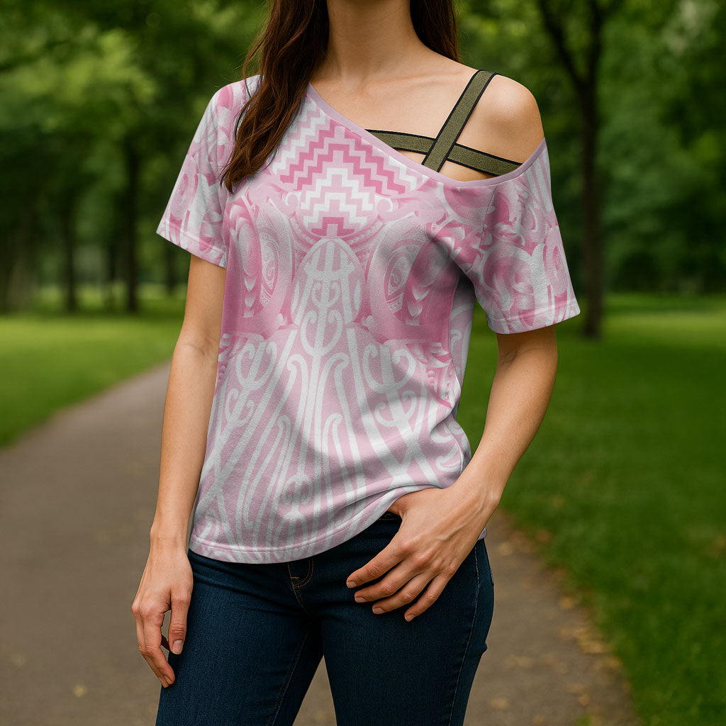 Aotearoa Kowhaiwhai Poutama Pink Motif Cross Shoulder Shirt LT9 - Polynesian Pride
