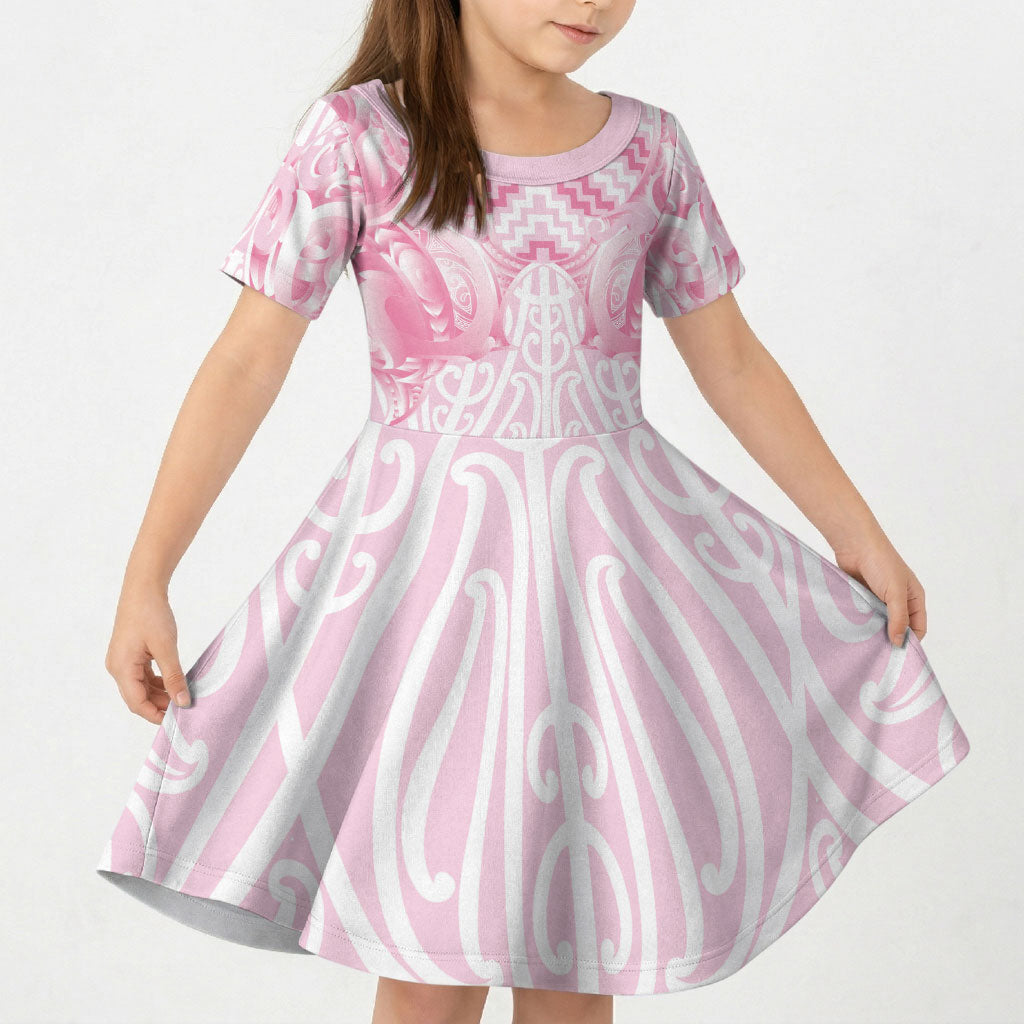 Aotearoa Kowhaiwhai Poutama Pink Motif Kid Short Sleeve Dress