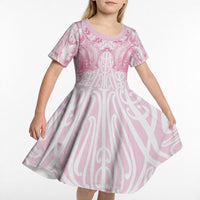 Aotearoa Kowhaiwhai Poutama Pink Motif Kid Short Sleeve Dress LT9 - Polynesian Pride