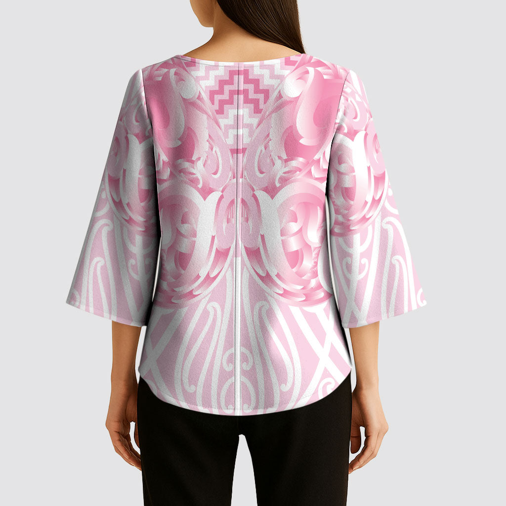 Aotearoa Kowhaiwhai Poutama Pink Motif Kimono Sleeve Blouse