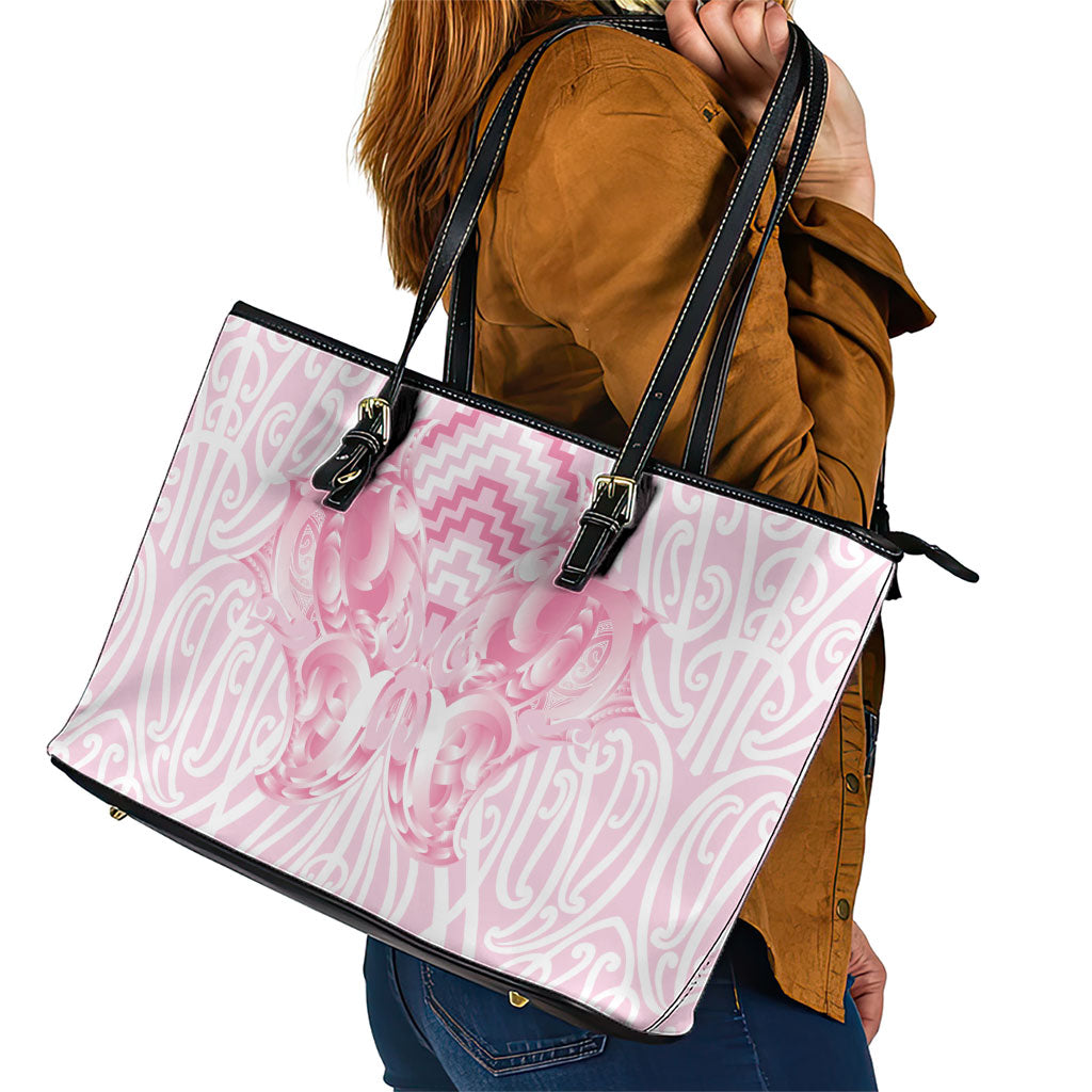 Aotearoa Kowhaiwhai Poutama Pink Motif Leather Tote Bag