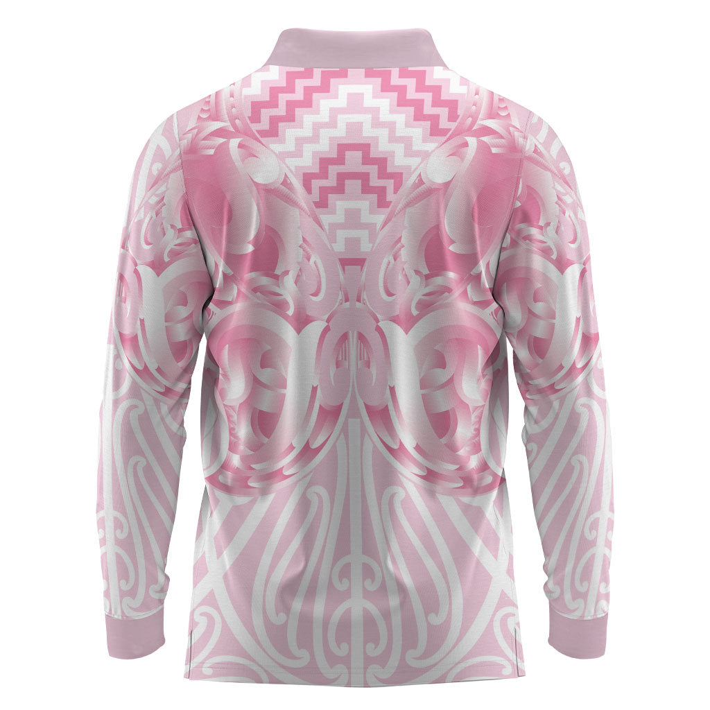 Aotearoa Kowhaiwhai Poutama Pink Motif Long Sleeve Polo Shirt LT9 - Polynesian Pride