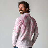 Aotearoa Kowhaiwhai Poutama Pink Motif Long Sleeve Polo Shirt LT9 - Polynesian Pride