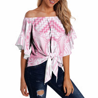 Aotearoa Kowhaiwhai Poutama Pink Motif Off Shoulder Wrap Waist Top LT9 Pink - Polynesian Pride