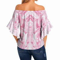 Aotearoa Kowhaiwhai Poutama Pink Motif Off Shoulder Wrap Waist Top LT9 - Polynesian Pride
