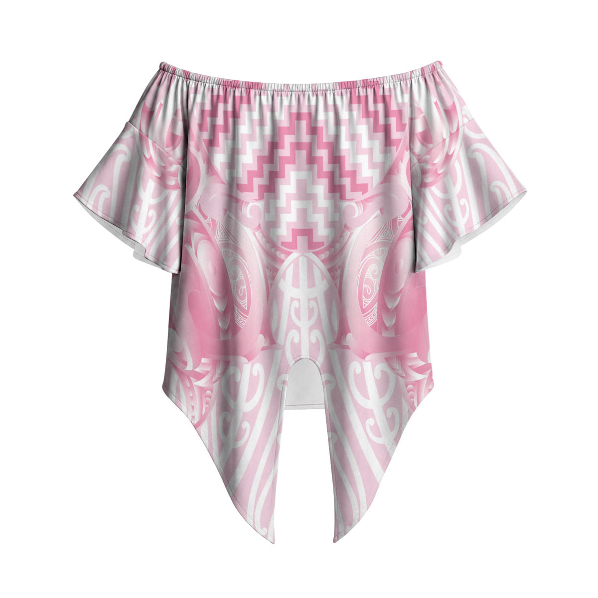 Aotearoa Kowhaiwhai Poutama Pink Motif Off Shoulder Wrap Waist Top LT9 - Polynesian Pride
