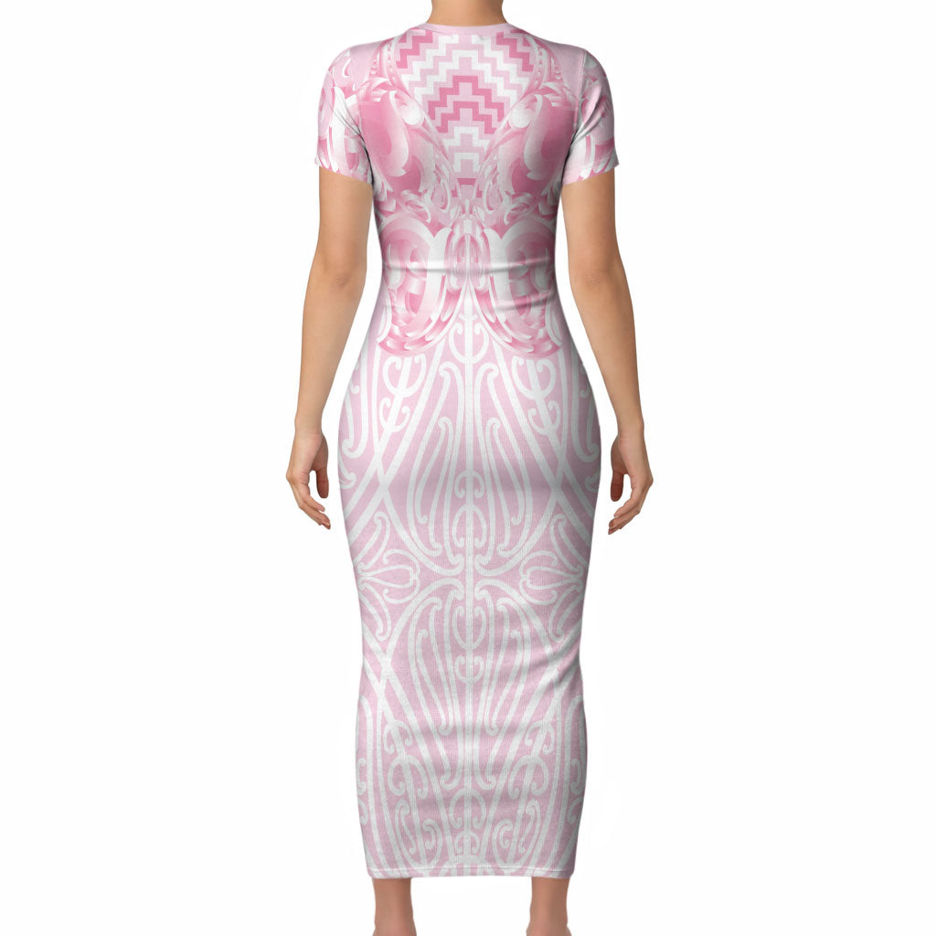 Aotearoa Kowhaiwhai Poutama Pink Motif Short Sleeve Bodycon Dress