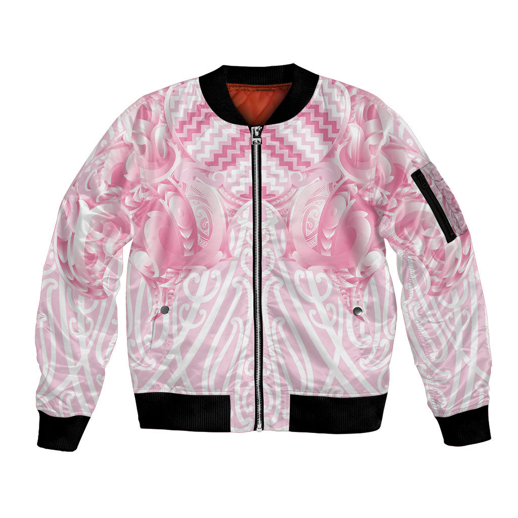 Aotearoa Kowhaiwhai Poutama Pink Motif Sleeve Zip Bomber Jacket