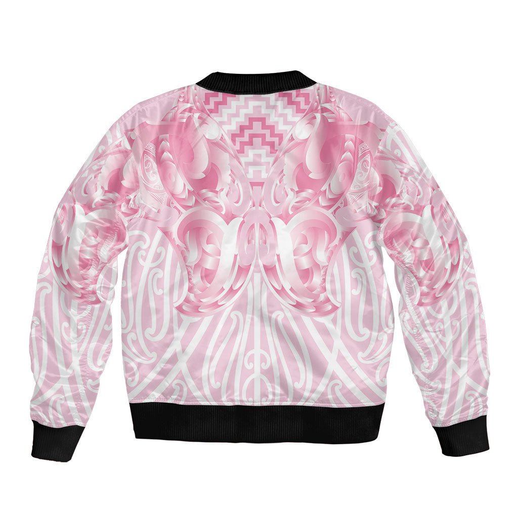 Aotearoa Kowhaiwhai Poutama Pink Motif Sleeve Zip Bomber Jacket