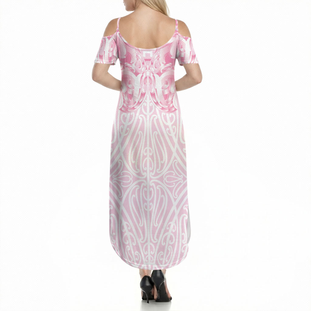 Aotearoa Kowhaiwhai Poutama Pink Motif Summer Maxi Dress LT9 - Polynesian Pride