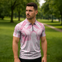 Aotearoa Kowhaiwhai Poutama Pink Motif Zipper Polo Shirt LT9 - Polynesian Pride