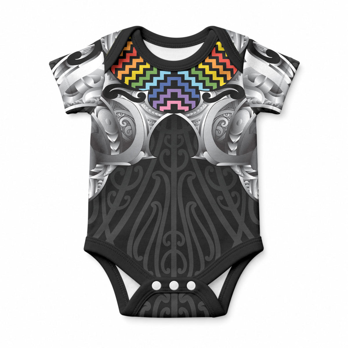 Aotearoa Kowhaiwhai Poutama Rainbow Motif Baby Onesie