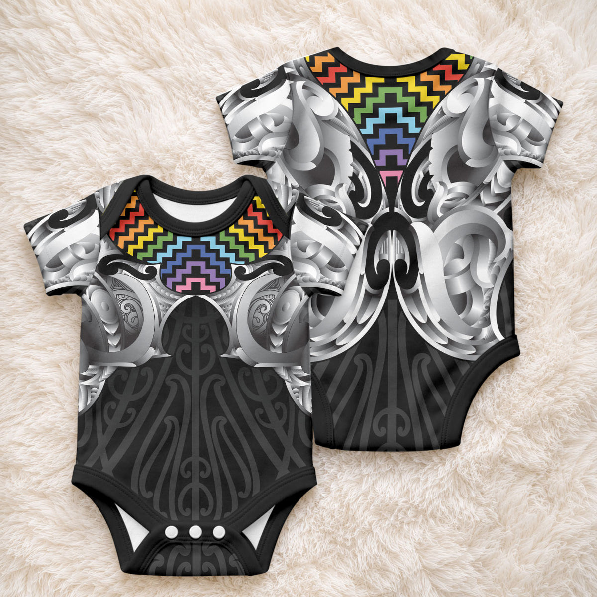 Aotearoa Kowhaiwhai Poutama Rainbow Motif Baby Onesie