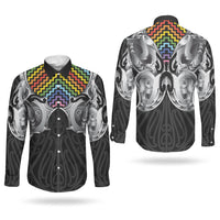 Aotearoa Kowhaiwhai Poutama Rainbow Motif Couples Matching Puletasi and Long Sleeve Button Shirt LT9 - Polynesian Pride