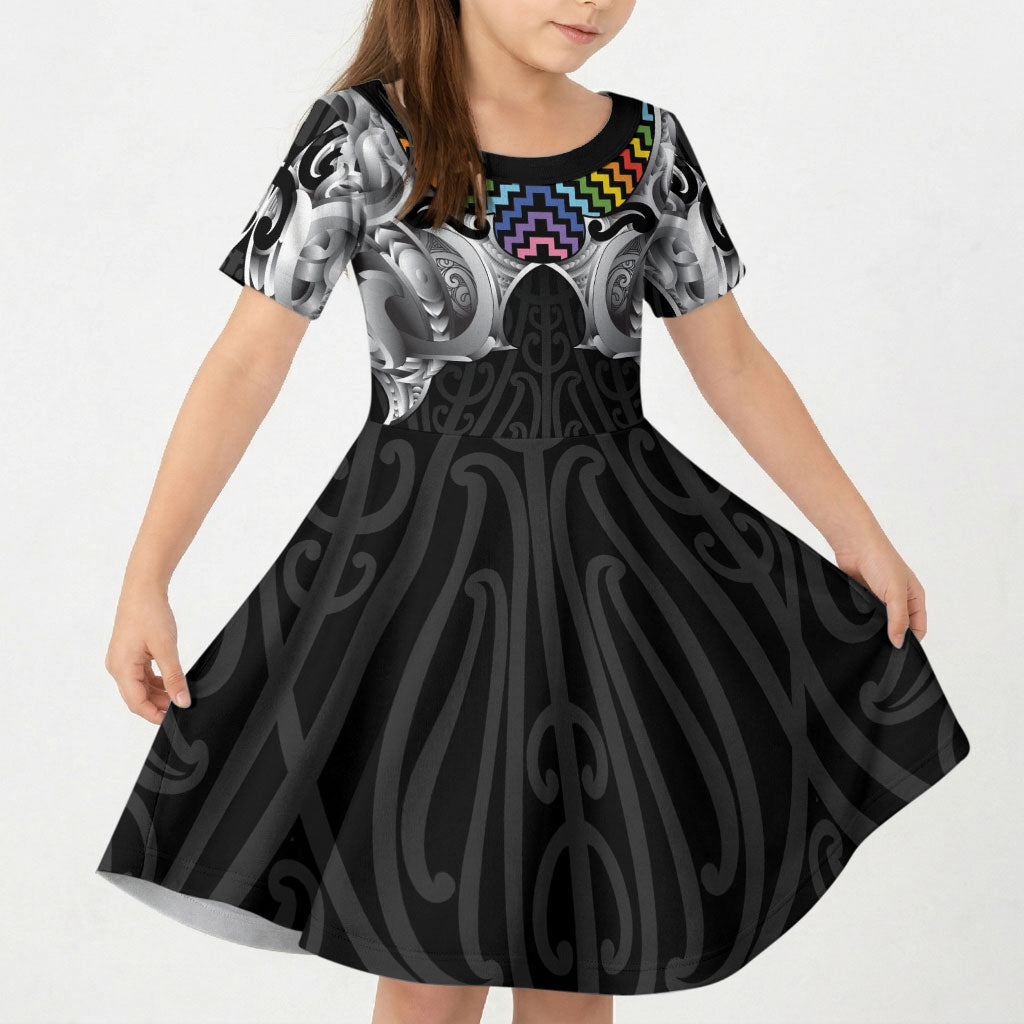 Aotearoa Kowhaiwhai Poutama Rainbow Motif Kid Short Sleeve Dress LT9 KID Rainbow - Polynesian Pride