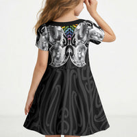 Aotearoa Kowhaiwhai Poutama Rainbow Motif Kid Short Sleeve Dress LT9 - Polynesian Pride