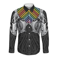 Aotearoa Kowhaiwhai Poutama Rainbow Motif Long Sleeve Button Shirt