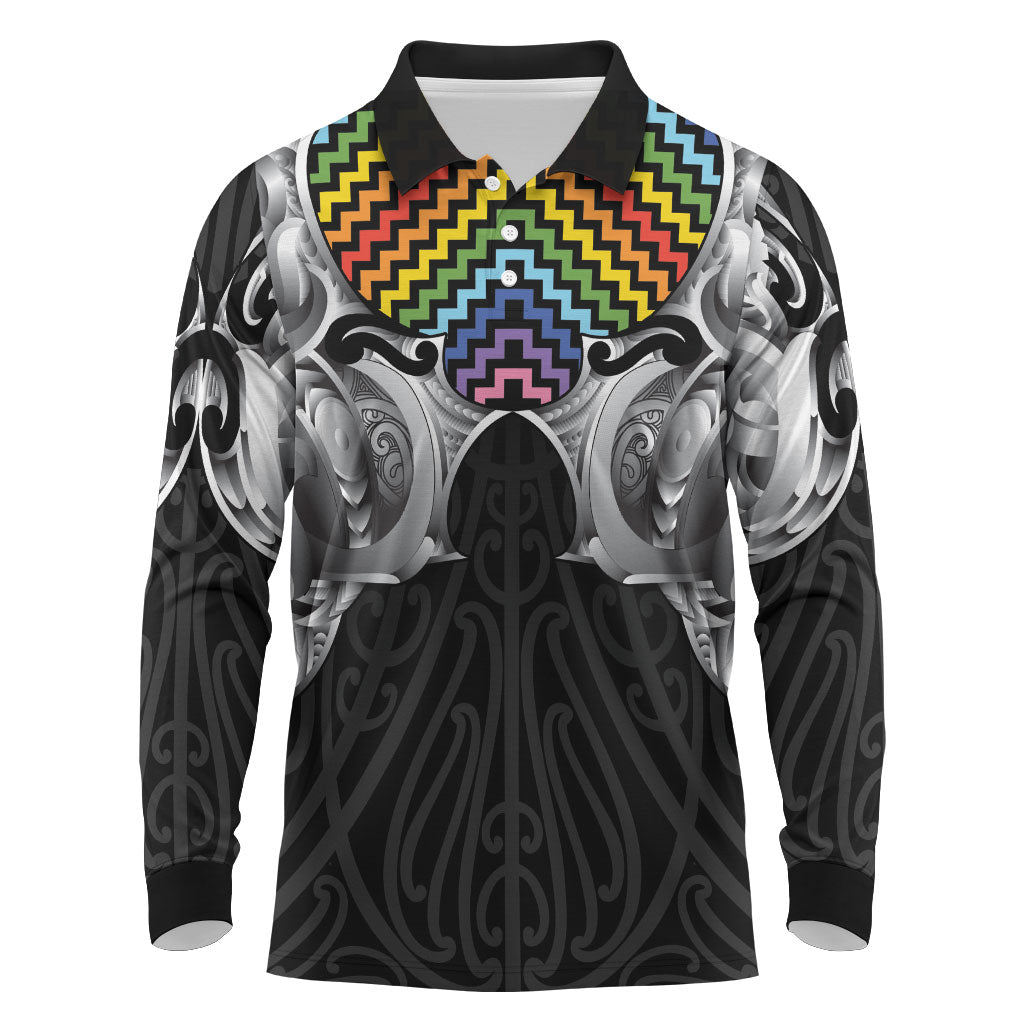 Aotearoa Kowhaiwhai Poutama Rainbow Motif Long Sleeve Polo Shirt LT9 Rainbow - Polynesian Pride